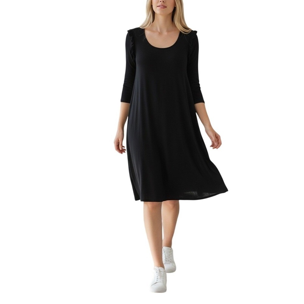 Sfera Shift Dress Womens Small Black Ruffle Shoulder 3/4 Sleeve Pockets Casual‎